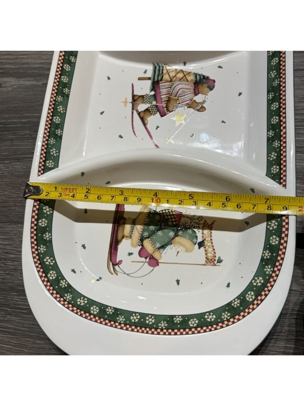 Sakura Debbie Mumm Sledding Snowman Bear 3 Part Relish Dish Christmas Platter - Picture 12 of 14